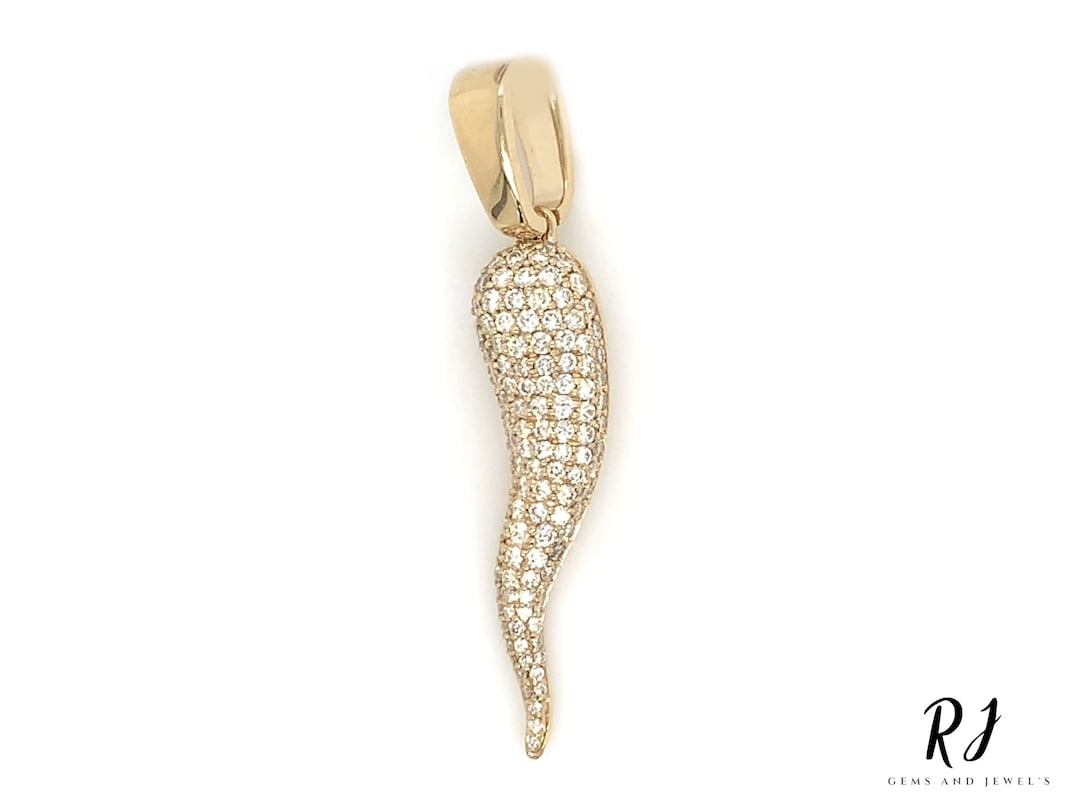 Diamond Horn Necklace / Solid 14k Gold / Italian Horn Cornicello Charm Pendant / Unisex Men's
