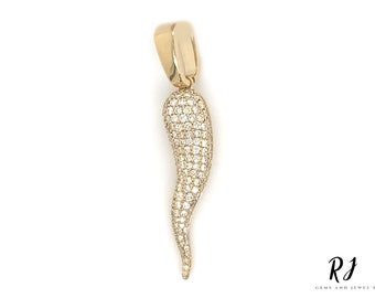 Moissanite Diamond Italian Horn Pendant: 14k Gold Cornicello Charm