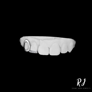 May include: A silver tooth grill with a diamond-encrusted bar. The grill is designed to fit over a front tooth.