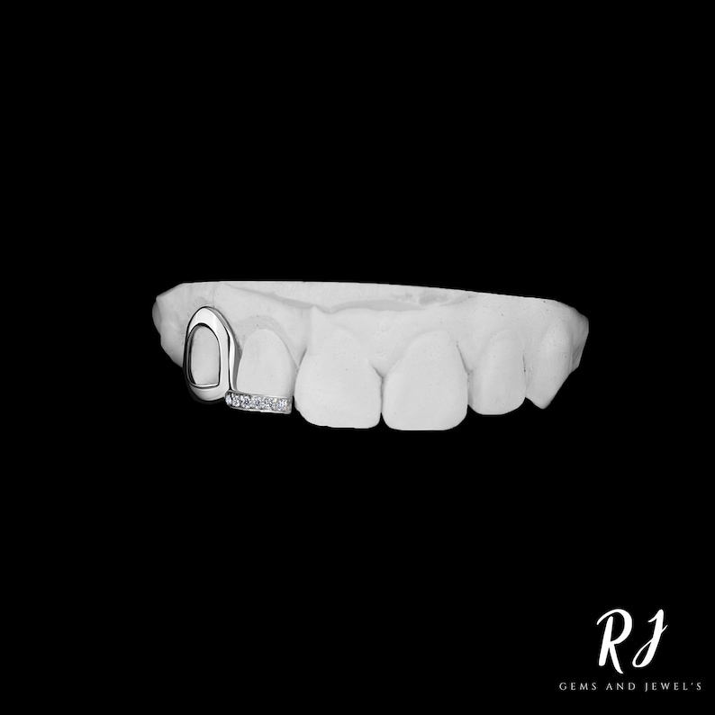 May include: A silver tooth grill with a diamond-encrusted bar. The grill is designed to fit over a front tooth.