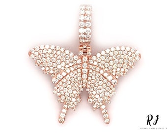Pendentif papillon glacé en moissanite : argent sterling, finition or 14 carats