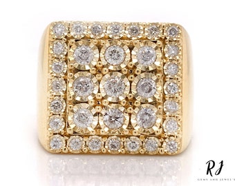 Men&#39;s Real Moissanite Square Statement Ring, Iced Out Ring,14K Solid Yellow Gold Square Diamond Ring, Hip Hop Ring, Anniversary Gift for Him