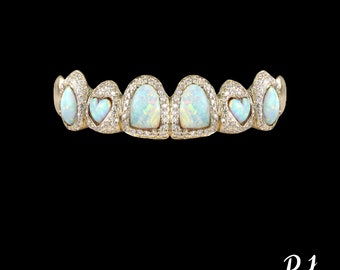 Iced Moissanite & Opal Grillz: Sterling Silver, 10k/14k Gold - Custom Fit