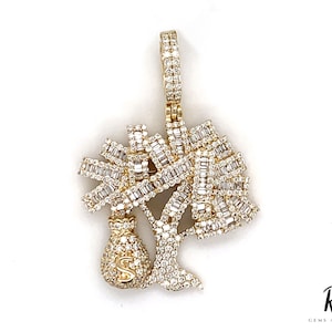 Ciondolo ad albero con sacchetto di soldi con diamante Moissanite ghiacciato, vero oro giallo 10 carati / Autentico sacchetto di soldi con diamante in oro giallo 10 carati, albero del dollaro