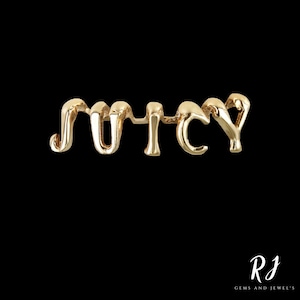 Grillz personalizado com letras douradas e nome em ouro 14k e prata Starling 10k, com 4 dentes na parte superior e inferior, da RJ Gems and Jewel's