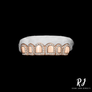 Iced Out Moissanite Diamond Grillz | Custom Outline Border VVS Diamond Grillz | 10 8 6 Top and Bottom Diamond Teeth Grillz By RJ Gems