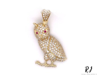 Pendentif hibou diamant moissanite glacé sans collier | Pendentif hibou charmant avec diamants sans conflit | Collier hibou en or jaune 14 carats