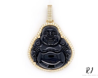 14K Gold Laughing Buddha Necklace: Jade Pendant with Moissanite