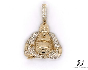 14K Gold Laughing Buddha Pendant: Moissanite Diamond Good Luck Charm