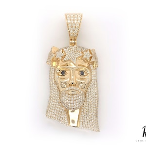 14K Yellow Gold Over 925 Sterling Silver Jesus Face Pendant MOISSANITE Diamond &quot;the Face of Jesus&quot; Charm Pendant Christ Pendant Gift for him