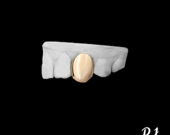 Custom Solid Gold Tooth Grillz: Single Cap, K9 Design - Includes Mold Kit