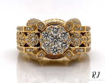 14K Yellow Gold Mens Iced Out Ring, Moissanite Diamond Hip Hop Ring, men&#39;s statement rings, Custom Heavy Luxury Hip Hop Jewelry Gift for Him