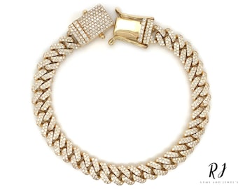 14K Solid Gold Moissanite Cuban Link Bracelet: Micro Prong Diamond Curb