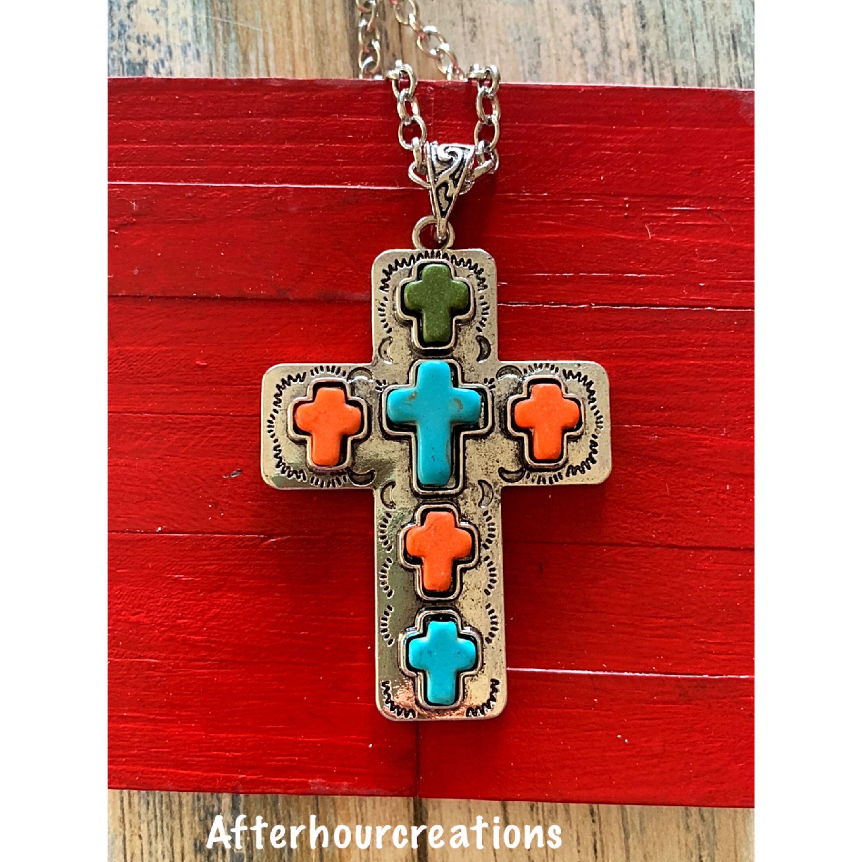 M&F Western Womens Jewelry Necklace Cross Two Tone Turquoise 30302 