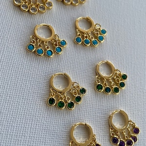 Dangle and drop Charm hoop earrings, gold plated earrings, emerald green charms hoops, dainty hoops, huggie earrings, gift for her