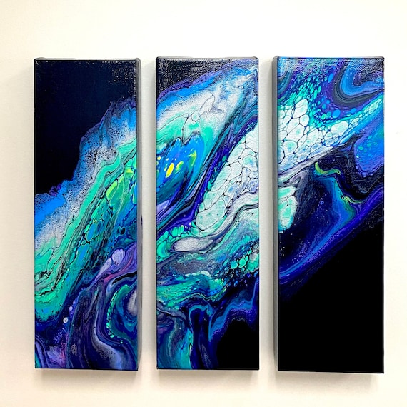 Galaxy Acrylic Pour Triptych Painting on Three 4x12 Stretched