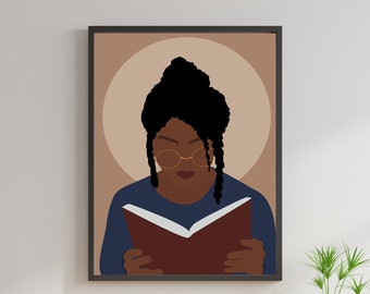 Black Woman boho print , Girl with book, African Girl Wall Art, Boho Wall Art,  African Poster Art, Book Wall Art, Female Print Art, Modern