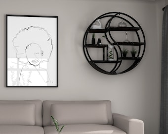 Black Afro haired woman line art, living room decor, elegant Afrocentric female art