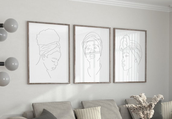 Black Woman Line Art Print, Set of 3, Afro Woman Decor