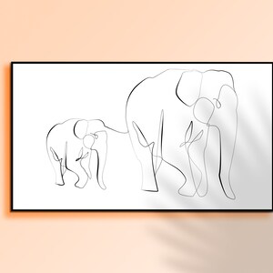 Op de afbeelding: Lijntekening van twee olifanten, een groter dan de andere, in een stijl van een doorlopende lijn. De olifanten kijken naar de rechterkant van de afbeelding.