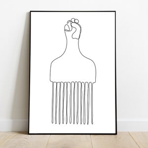 Afro-pick Black power Salute-kunstafdruk, zwarte kunst, minimalistische lijnkunstposter, badkamerinrichting kunstafdruk, deco boven bed, huismuur