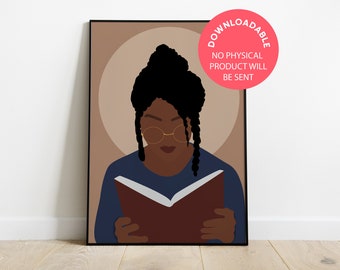 Black Woman Reading Art Print, Boho Home Decor (Digital Download)