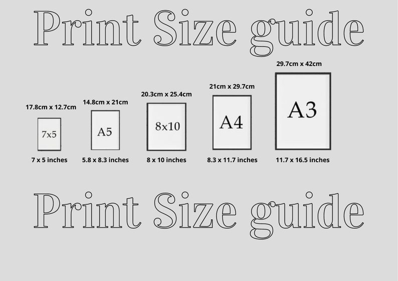 May include: A chart showing different print sizes in inches and centimeters. The chart includes the following sizes: 7x5, A5, 8x10, A4, and A3.
