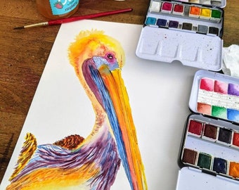 Pelican Watercolor Print | Watercolor Pelican Art Illustration Print Beach Decor