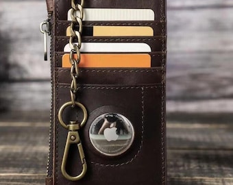 Titular de la tarjeta de billetera de cuero de grano completo personalizado, titular de la tarjeta de cadena rastreable AirTag, regalo del padrino, regalo para él, regalo del Día del Padre