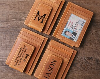 May include: Four brown leather wallets with money clips. Each wallet has a different personalized inscription: "Matthew", "Jason", "I love you daddy from the top of my head to the tip of my toes! Emily", and a driver's license.
