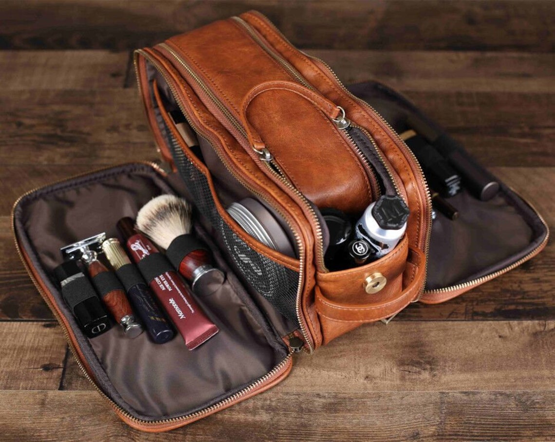 A toiletry bag with different kinds of shaving kits