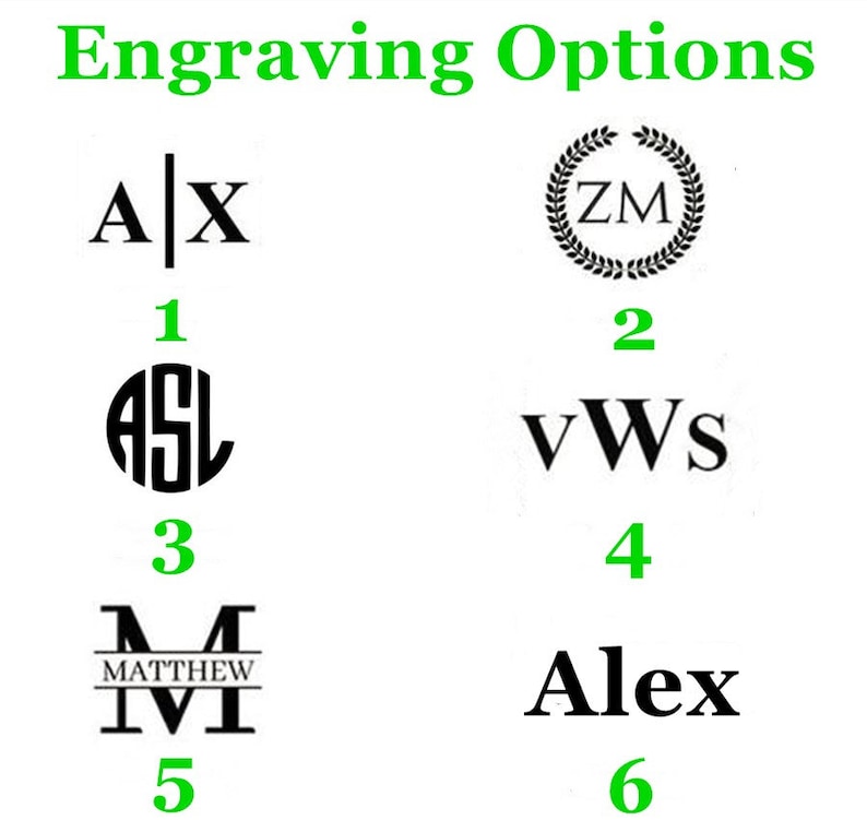 K&ouml;nnte beinhalten: Sechs verschiedene Gravur-Optionen f&uuml;r ein personalisiertes Geschenk. Option 1 zeigt die Buchstaben A und X, die durch eine vertikale Linie getrennt sind. Option 2 zeigt die Buchstaben Z und M in einem Kranz. Option 3 zeigt die Buchstaben A, S und L in einem Kreis. Option 4 zeigt die Buchstaben V, W und S. Option 5 zeigt den Buchstaben M mit dem Wort "MATTHEW" dar&uuml;ber und den Buchstaben I und V darunter. Option 6 zeigt das Wort "Alex".