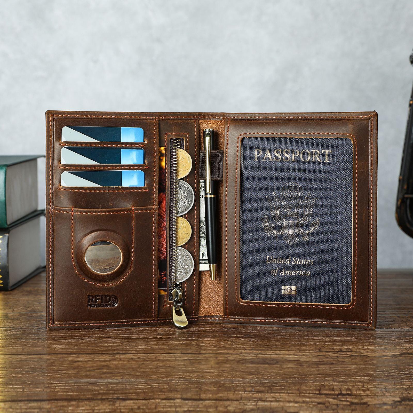 Personalized Leather Passport Holder, RFID Blocking Travel Passport Wallet