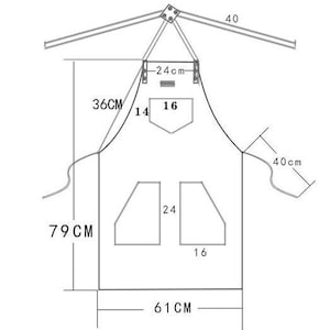 K&ouml;nnte beinhalten: Eine Schwarzwei&szlig;-Zeichnung einer Sch&uuml;rze mit Ma&szlig;en in Zentimetern. Die Sch&uuml;rze hat zwei Taschen und einen Riemen, der um den Hals geht. Die Sch&uuml;rze ist 79 cm breit, 79 cm hoch und 61 cm lang.