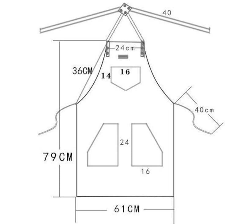K&ouml;nnte beinhalten: Eine Schwarzwei&szlig;-Zeichnung einer Sch&uuml;rze mit Ma&szlig;en in Zentimetern. Die Sch&uuml;rze hat zwei Taschen und einen Riemen, der um den Hals geht. Die Sch&uuml;rze ist 79 cm breit, 79 cm hoch und 61 cm lang.