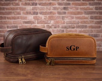 Personalized Full Grain Leather Dopp Kit, Mens Toiletry Bag with Bottom Compartment