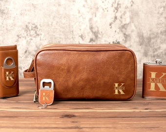 Groomsmen Gift Set, Personalized Leather Flask, Cigar Case with Cutter, Bottle Opener in Toiletry Bag, Best Man Gift ,Groomsmen Proposal