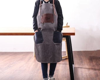 Personalisierte Leder & Canvas Schürze, verstellbare Arbeitsschürze mit Taschen