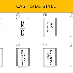 May include: Eight different designs for a cash side wallet insert. The designs include names, initials, and short phrases like "I love you Dad" and "World's Best Dad".