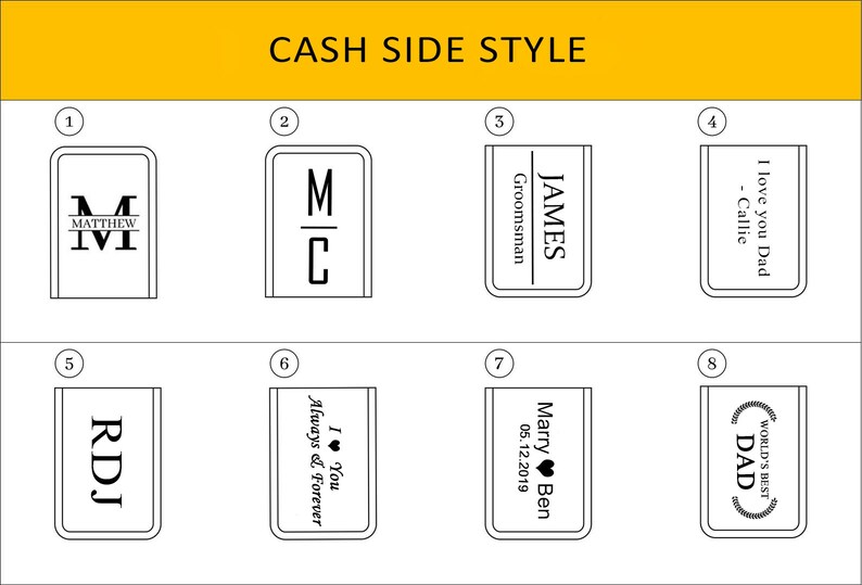 May include: Eight different designs for a cash side wallet insert. The designs include names, initials, and short phrases like "I love you Dad" and "World's Best Dad".