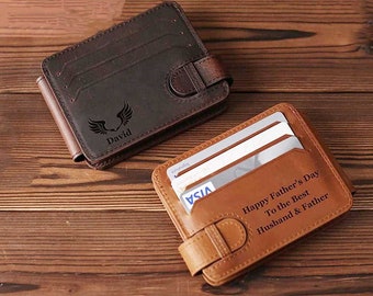 Porte-carte de portefeuille en cuir personnalisé, clip d’argent de portefeuille Monogram, porte-carte de portefeuille gravé, cadeau de marié, cadeau de papa, cadeau de mariage
