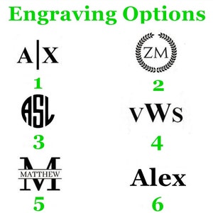 May include: Six different engraving options for a personalized gift. Options include initials, names, and monograms. Engraving options are numbered 1 through 6.