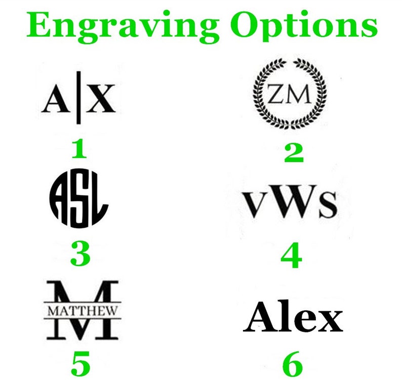 May include: Six different engraving options for a personalized gift. Options include initials, names, and monograms. Engraving options are numbered 1 through 6.