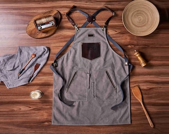 Personalisierte Canvas Lederschürze, Arbeitsschürze mit mehreren Taschen