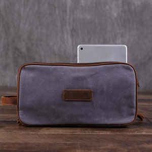 Sac de toilette en toile cirée, sac de kit Dopp en toile imperméable, sac de kit de rasage, cadeau de mari, cadeau du père, cadeau de petit ami pour lui Grey