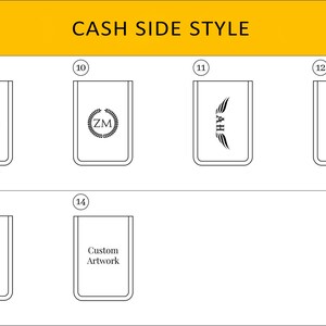 May include: A graphic showing different cash side styles for a wallet. The styles include a deer head with initials, a wreath with initials, a pair of wings with initials, coordinates, a diamond with initials, and a space for custom artwork.