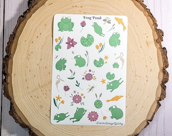 Frog Pond Sticker Sheet, Cute Frog Stickers, Frog Lovers, Journal Stickers, Scrapbook Stickers, Planner Stickers