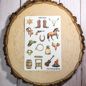 May include: A sheet of stickers with a western theme. The stickers feature images of cowboy boots, a sheriff's badge, a skull, a horse, a lasso, a saddle, a cowboy hat, a bandana, a saloon door, a guitar, and a campfire. The text "Old West" is at the top of the sheet.