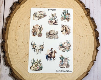 May include: A sheet of stickers with a western theme. The stickers feature cowboy hats, cacti, boots, a skull, a horse, and the text "Cowgirl".