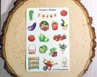 May include: A sheet of stickers featuring a variety of colorful vegetables, fruits, and other farm market-themed illustrations. The stickers include a wheelbarrow, a basket of produce, and a sign that reads "Farmer's Market".